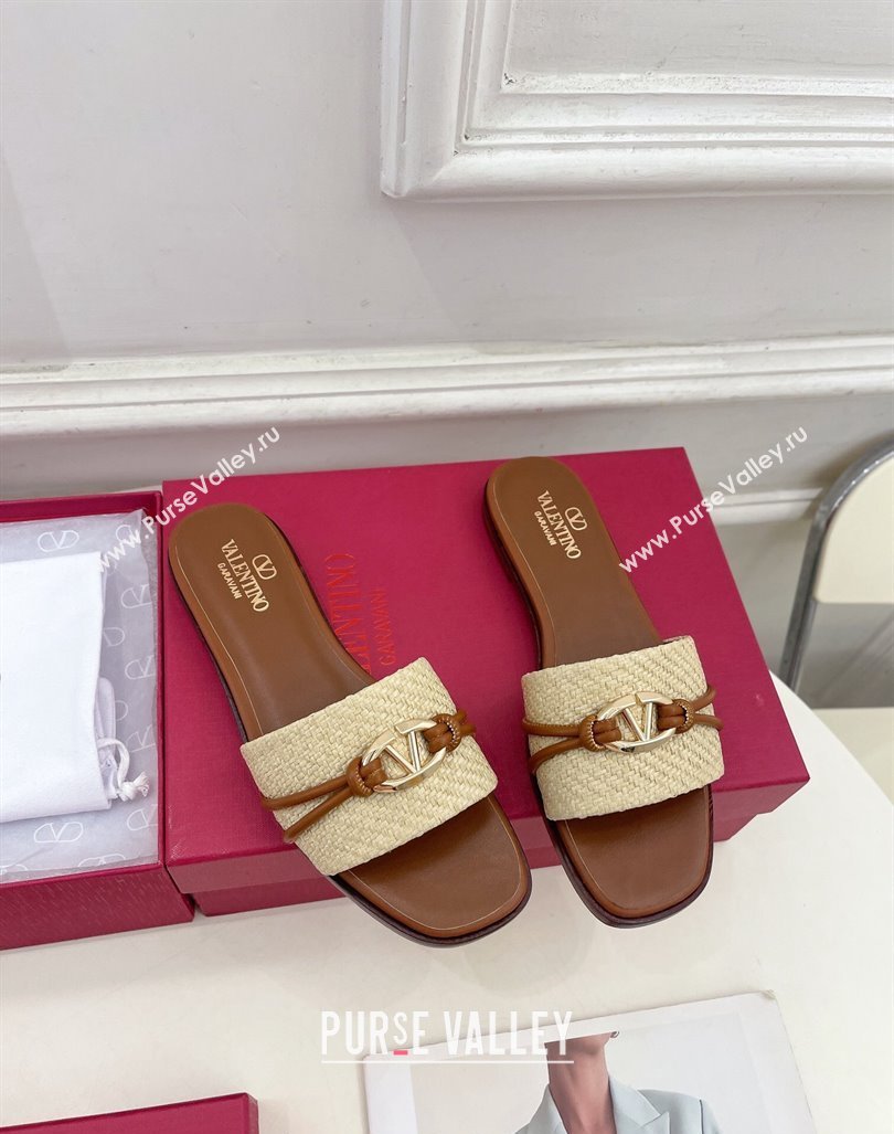 Valentino The Bold Edition VLogo Raffia Straw Flat Slides Sandal Brown 2024 VLS090303 (MD-240903089)