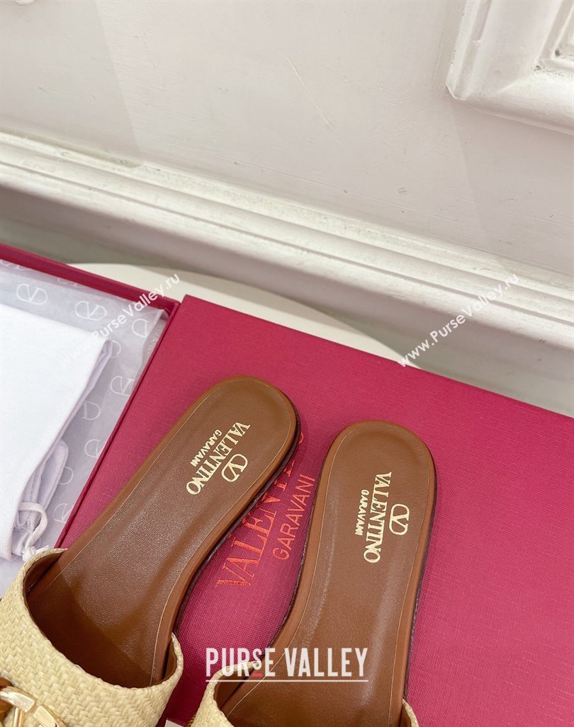 Valentino The Bold Edition VLogo Raffia Straw Flat Slides Sandal Brown 2024 VLS090303 (MD-240903089)