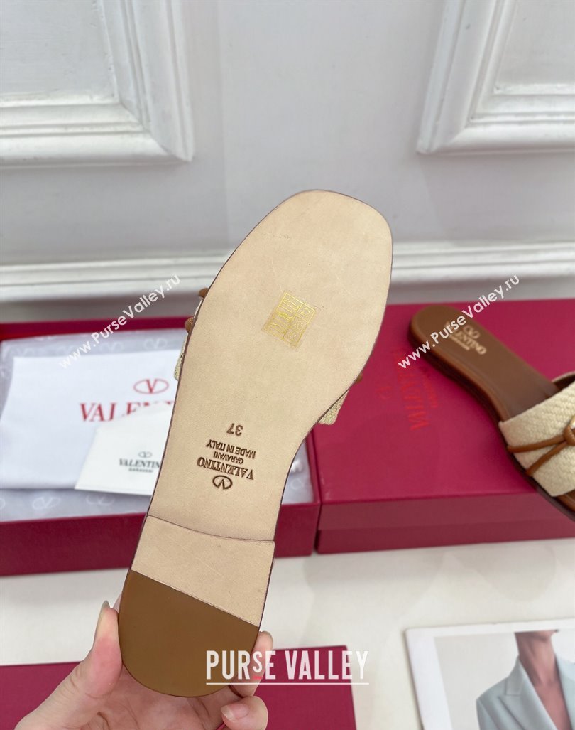 Valentino The Bold Edition VLogo Raffia Straw Flat Slides Sandal Brown 2024 VLS090303 (MD-240903089)