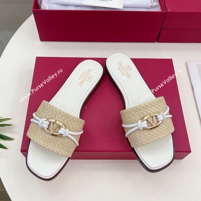 Valentino The Bold Edition VLogo Raffia Straw Flat Slides Sandal White 2024 VLS090303 (MD-240903090)