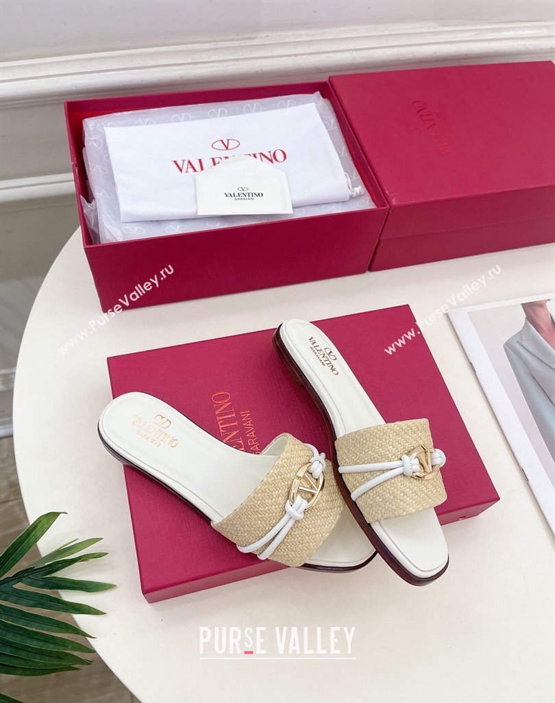 Valentino The Bold Edition VLogo Raffia Straw Flat Slides Sandal White 2024 VLS090303 (MD-240903090)