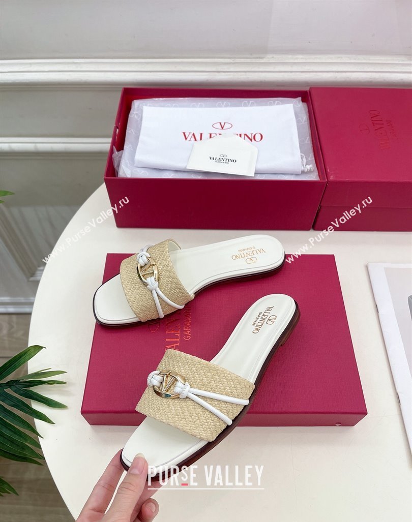 Valentino The Bold Edition VLogo Raffia Straw Flat Slides Sandal White 2024 VLS090303 (MD-240903090)