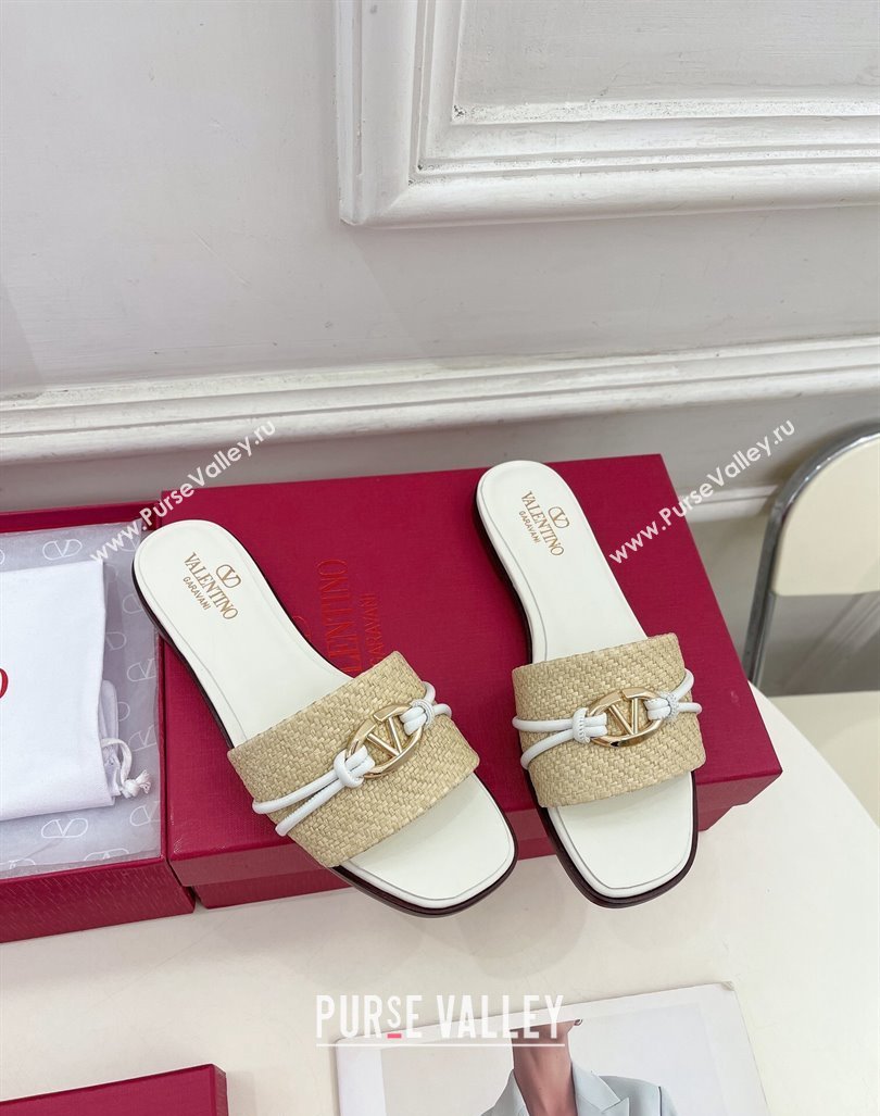 Valentino The Bold Edition VLogo Raffia Straw Flat Slides Sandal White 2024 VLS090303 (MD-240903090)