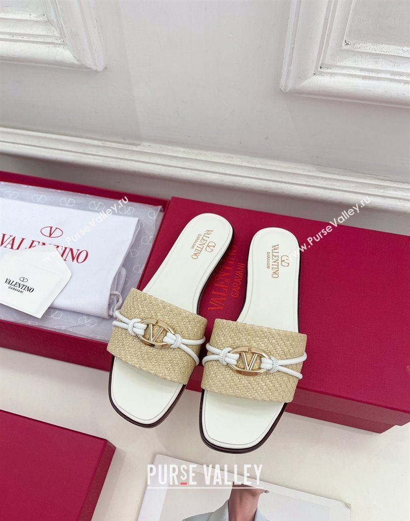 Valentino The Bold Edition VLogo Raffia Straw Flat Slides Sandal White 2024 VLS090303 (MD-240903090)