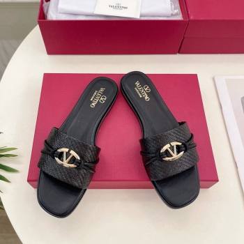 Valentino The Bold Edition VLogo Raffia Straw Flat Slides Sandal Black 2024 VLS090303 (MD-240903091)