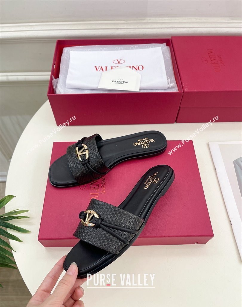 Valentino The Bold Edition VLogo Raffia Straw Flat Slides Sandal Black 2024 VLS090303 (MD-240903091)