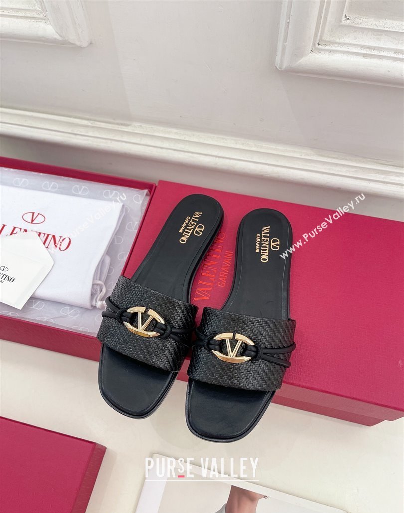 Valentino The Bold Edition VLogo Raffia Straw Flat Slides Sandal Black 2024 VLS090303 (MD-240903091)