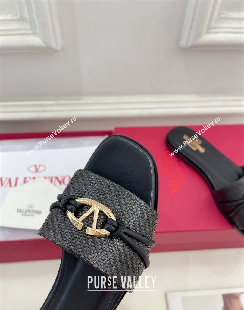 Valentino The Bold Edition VLogo Raffia Straw Flat Slides Sandal Black 2024 VLS090303 (MD-240903091)