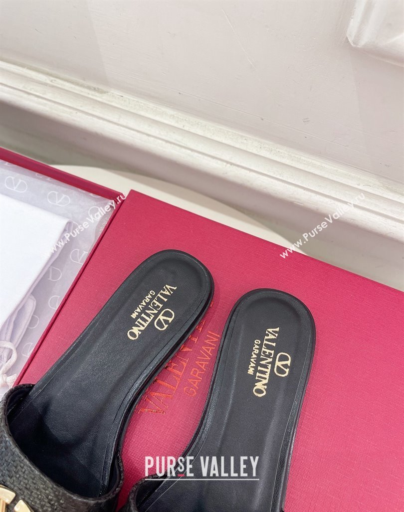 Valentino The Bold Edition VLogo Raffia Straw Flat Slides Sandal Black 2024 VLS090303 (MD-240903091)