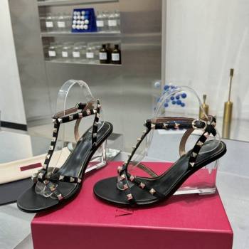 Valentino Rockstud Nappa Leather Wedge Sandals 8.5cm with Clear Heel Black 2024 VLS090301 (XL-240903069)