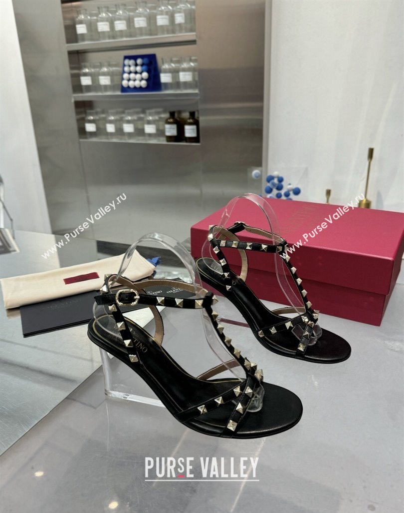 Valentino Rockstud Nappa Leather Wedge Sandals 8.5cm with Clear Heel Black 2024 VLS090301 (XL-240903069)