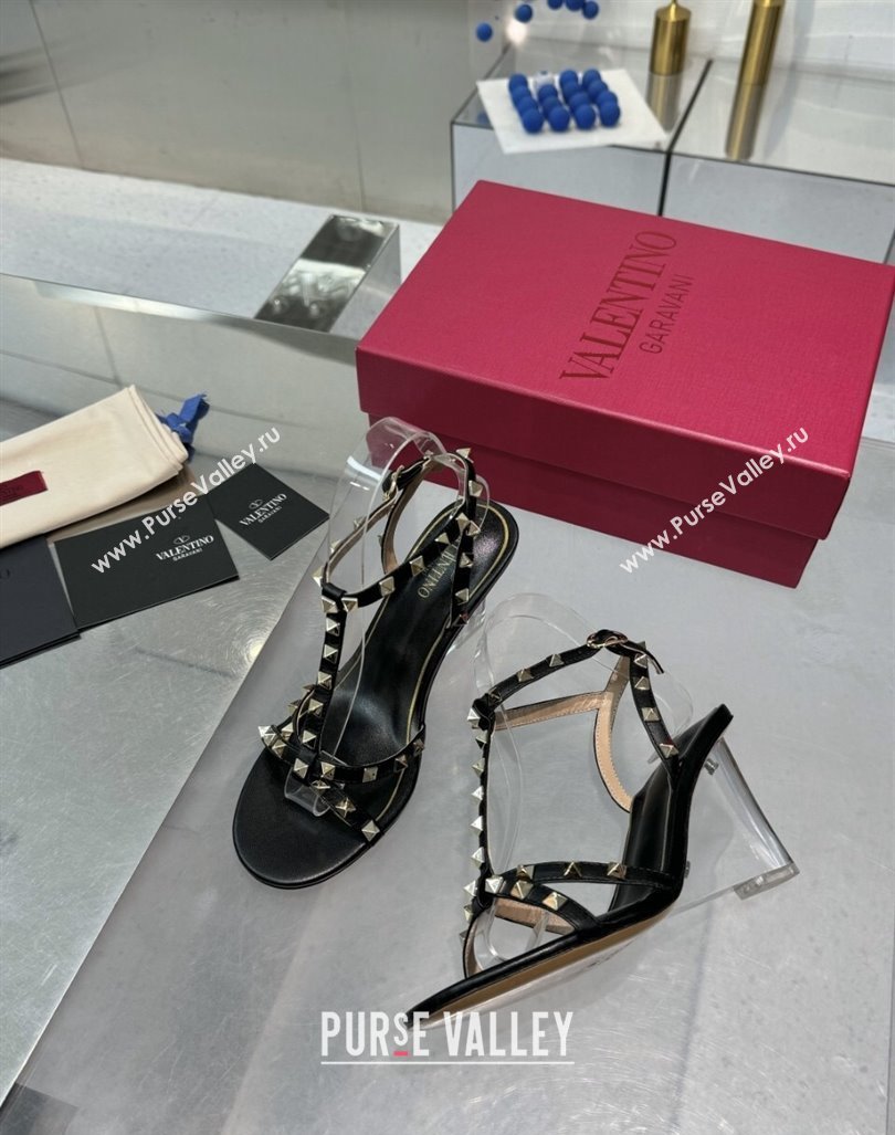 Valentino Rockstud Nappa Leather Wedge Sandals 8.5cm with Clear Heel Black 2024 VLS090301 (XL-240903069)