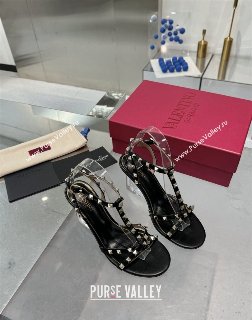 Valentino Rockstud Nappa Leather Wedge Sandals 8.5cm with Clear Heel Black 2024 VLS090301 (XL-240903069)