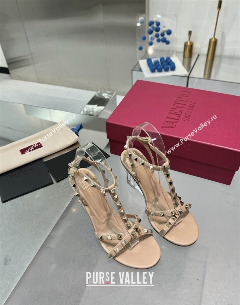 Valentino Rockstud Nappa Leather Wedge Sandals 8.5cm with Clear Heel Beige2 2024 VLS090301 (XL-240903070)