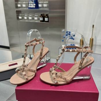 Valentino Rockstud Nappa Leather Wedge Sandals 8.5cm with Clear Heel Beige2 2024 VLS090301 (XL-240903070)