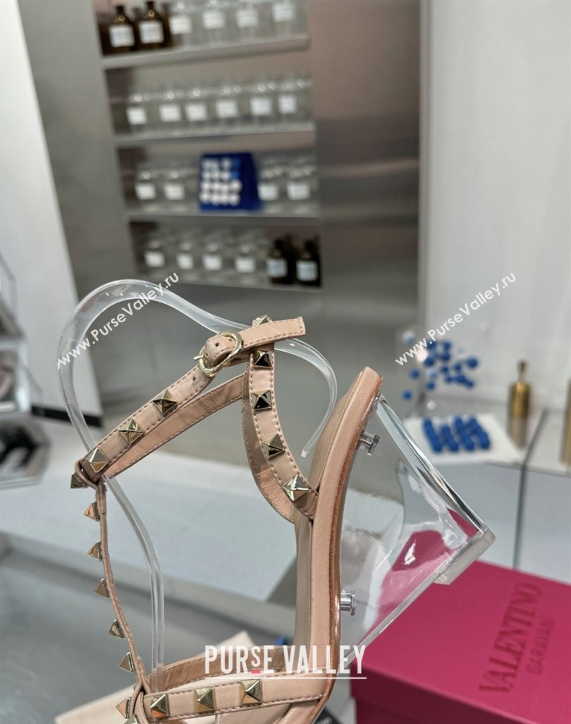 Valentino Rockstud Nappa Leather Wedge Sandals 8.5cm with Clear Heel Beige2 2024 VLS090301 (XL-240903070)