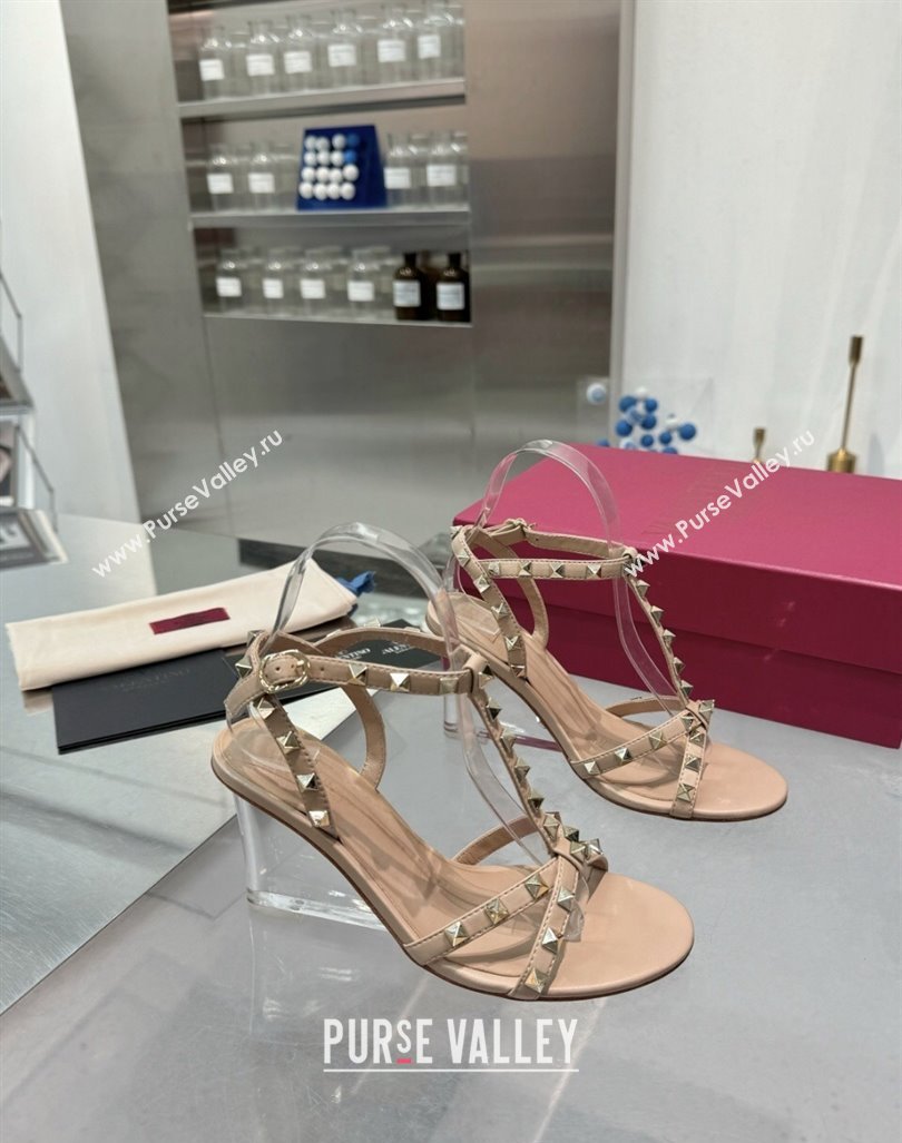 Valentino Rockstud Nappa Leather Wedge Sandals 8.5cm with Clear Heel Beige2 2024 VLS090301 (XL-240903070)