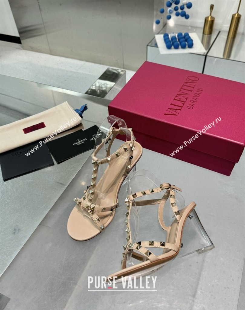 Valentino Rockstud Nappa Leather Wedge Sandals 8.5cm with Clear Heel Beige2 2024 VLS090301 (XL-240903070)