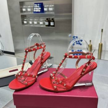 Valentino Rockstud Nappa Leather Wedge Sandals 8.5cm with Clear Heel Red 2024 VLS090301 (XL-240903071)