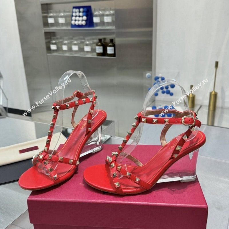 Valentino Rockstud Nappa Leather Wedge Sandals 8.5cm with Clear Heel Red 2024 VLS090301 (XL-240903071)