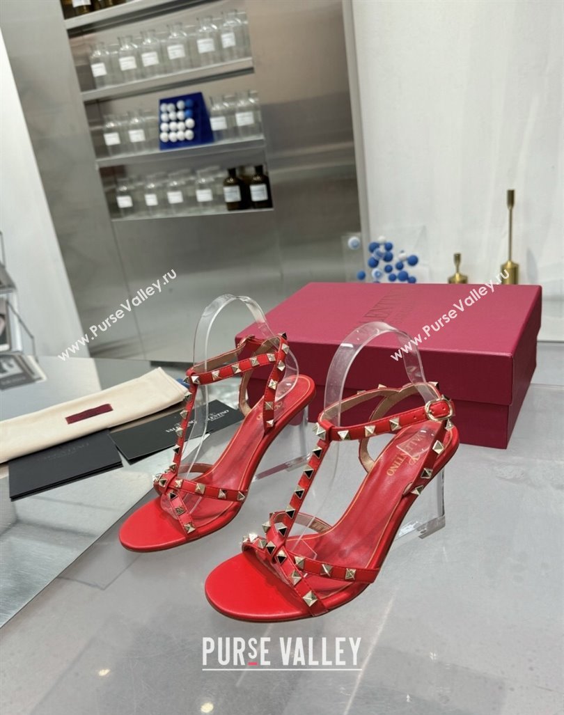 Valentino Rockstud Nappa Leather Wedge Sandals 8.5cm with Clear Heel Red 2024 VLS090301 (XL-240903071)