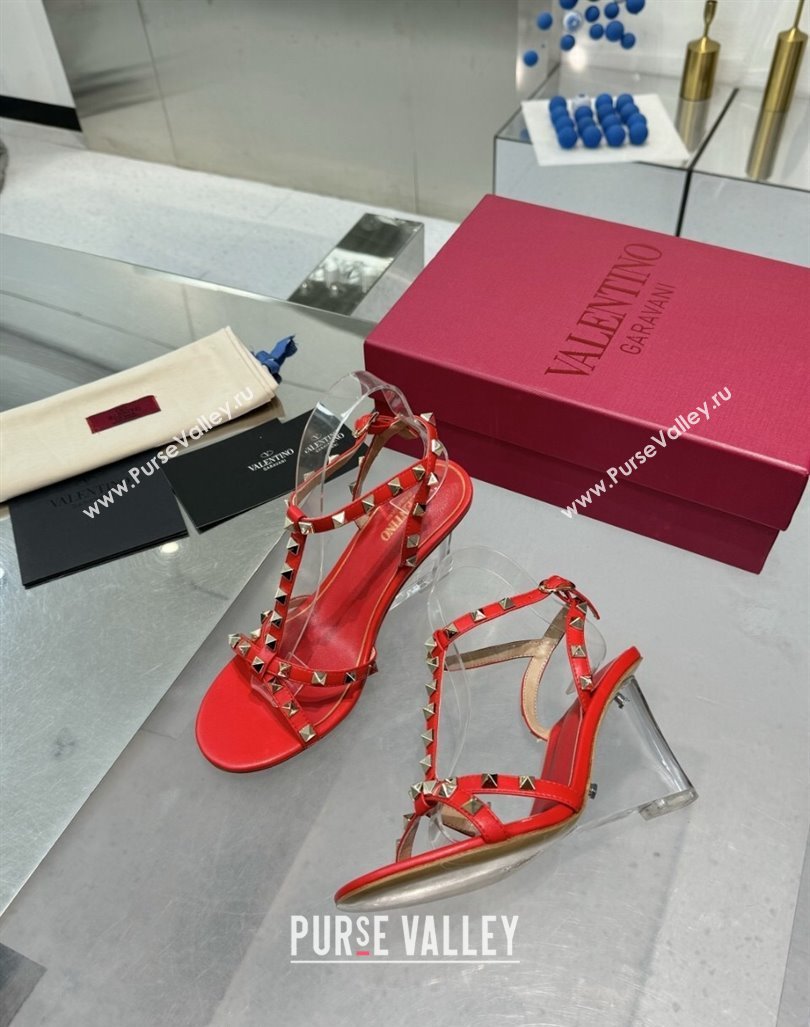 Valentino Rockstud Nappa Leather Wedge Sandals 8.5cm with Clear Heel Red 2024 VLS090301 (XL-240903071)