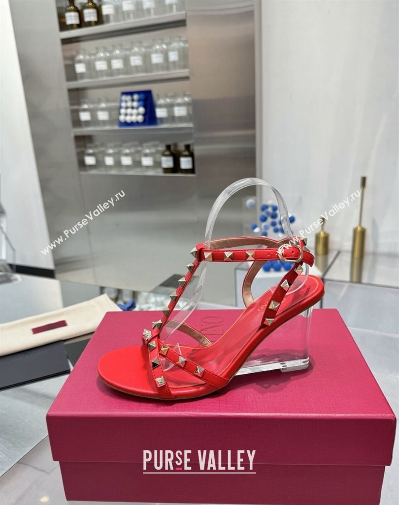 Valentino Rockstud Nappa Leather Wedge Sandals 8.5cm with Clear Heel Red 2024 VLS090301 (XL-240903071)