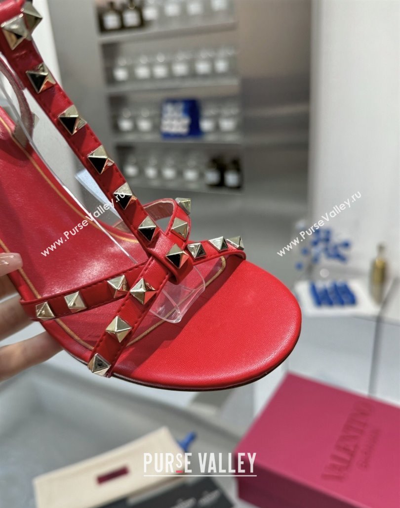 Valentino Rockstud Nappa Leather Wedge Sandals 8.5cm with Clear Heel Red 2024 VLS090301 (XL-240903071)