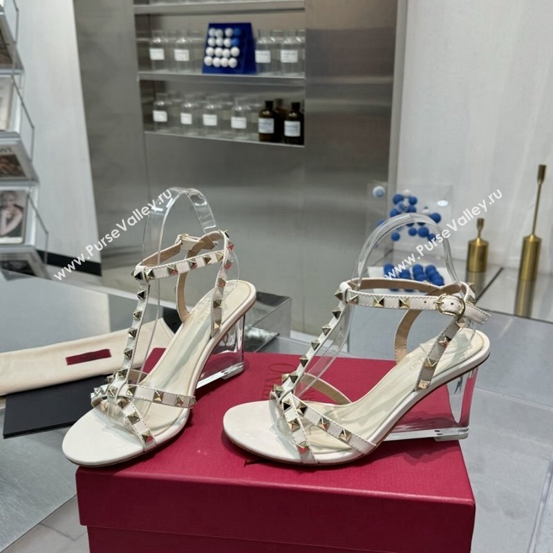 Valentino Rockstud Nappa Leather Wedge Sandals 8.5cm with Clear Heel White 2024 VLS090301 (XL-240903072)