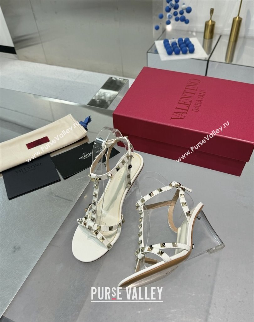 Valentino Rockstud Nappa Leather Wedge Sandals 8.5cm with Clear Heel White 2024 VLS090301 (XL-240903072)