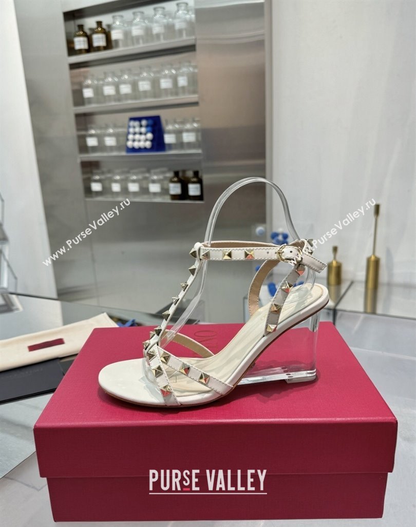 Valentino Rockstud Nappa Leather Wedge Sandals 8.5cm with Clear Heel White 2024 VLS090301 (XL-240903072)