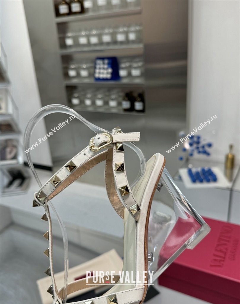 Valentino Rockstud Nappa Leather Wedge Sandals 8.5cm with Clear Heel White 2024 VLS090301 (XL-240903072)