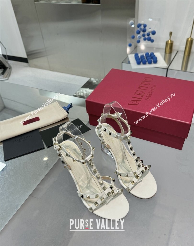 Valentino Rockstud Nappa Leather Wedge Sandals 8.5cm with Clear Heel White 2024 VLS090301 (XL-240903072)