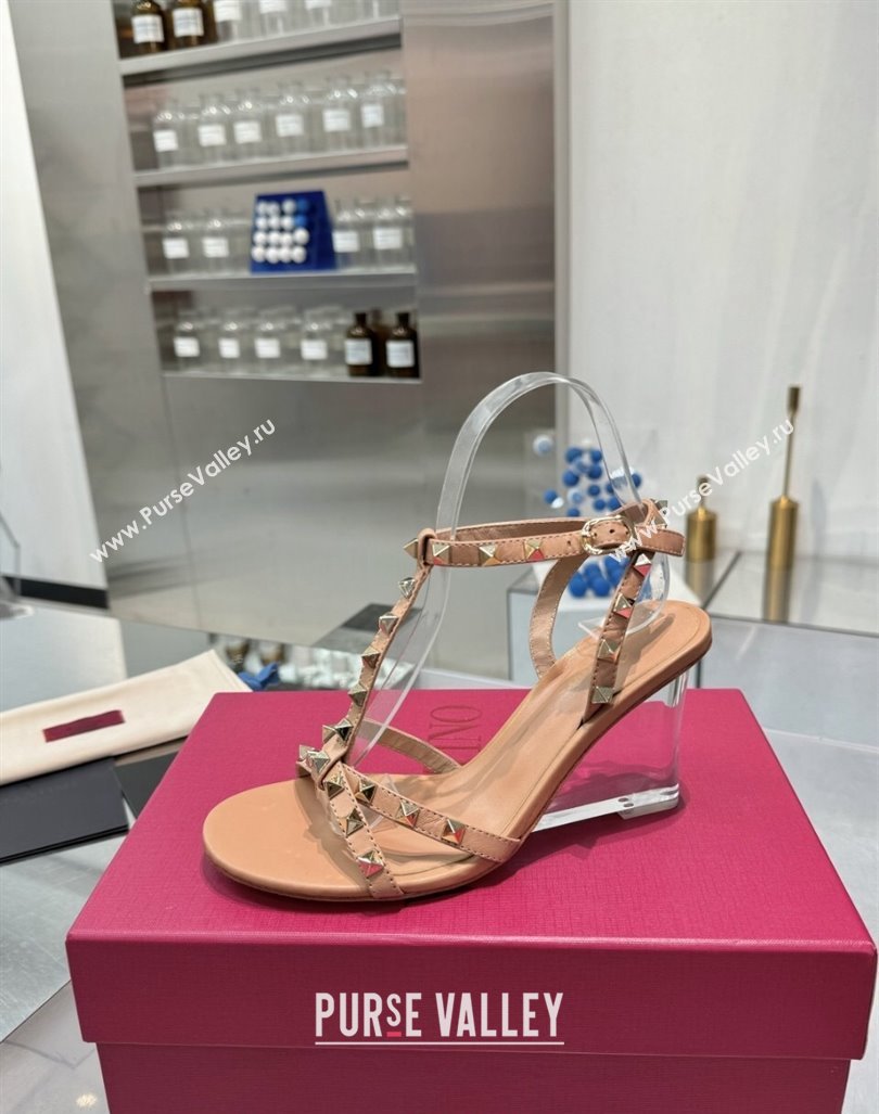 Valentino Rockstud Nappa Leather Wedge Sandals 8.5cm with Clear Heel Dark Beige 2024 VLS090301 (XL-240903073)