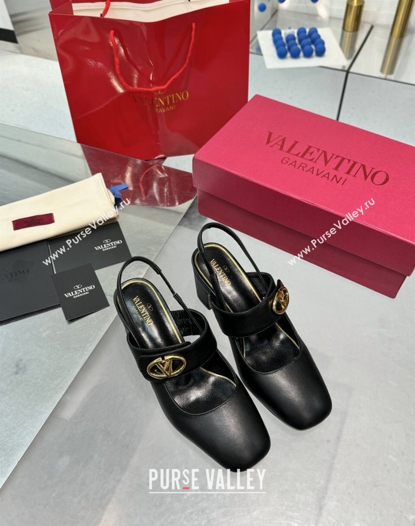 Valentino VLogo Locker Mary-Janes Slingback Pumps 6cm in Calfskin Leather Black 2024 (XL-241009025)