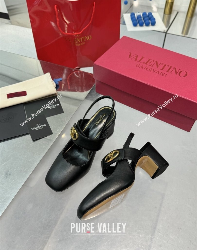 Valentino VLogo Locker Mary-Janes Slingback Pumps 6cm in Calfskin Leather Black 2024 (XL-241009025)