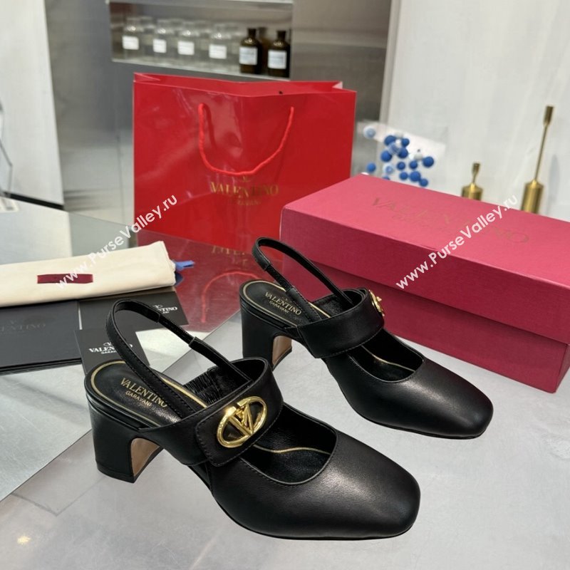 Valentino VLogo Locker Mary-Janes Slingback Pumps 6cm in Calfskin Leather Black 2024 (XL-241009025)