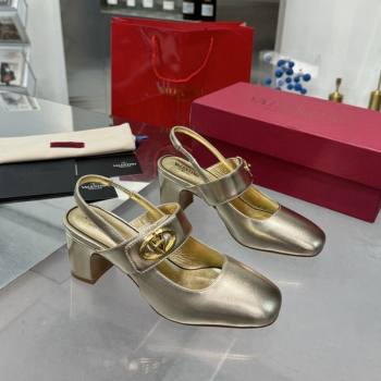 Valentino VLogo Locker Mary-Janes Slingback Pumps 6cm in Calfskin Leather Gold 2024 (XL-241009026)