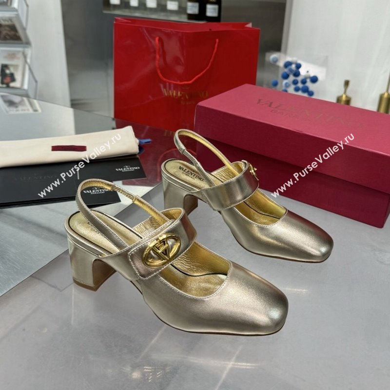 Valentino VLogo Locker Mary-Janes Slingback Pumps 6cm in Calfskin Leather Gold 2024 (XL-241009026)