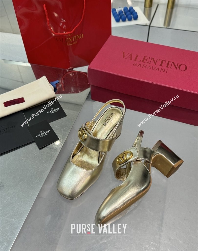 Valentino VLogo Locker Mary-Janes Slingback Pumps 6cm in Calfskin Leather Gold 2024 (XL-241009026)