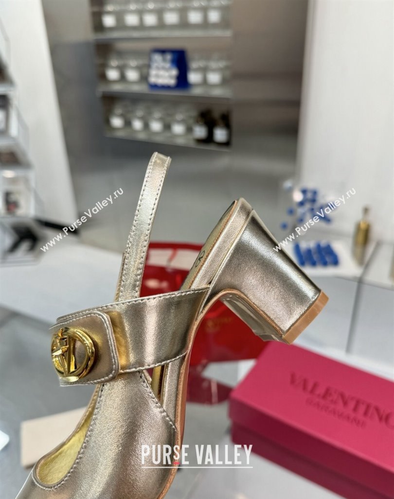 Valentino VLogo Locker Mary-Janes Slingback Pumps 6cm in Calfskin Leather Gold 2024 (XL-241009026)