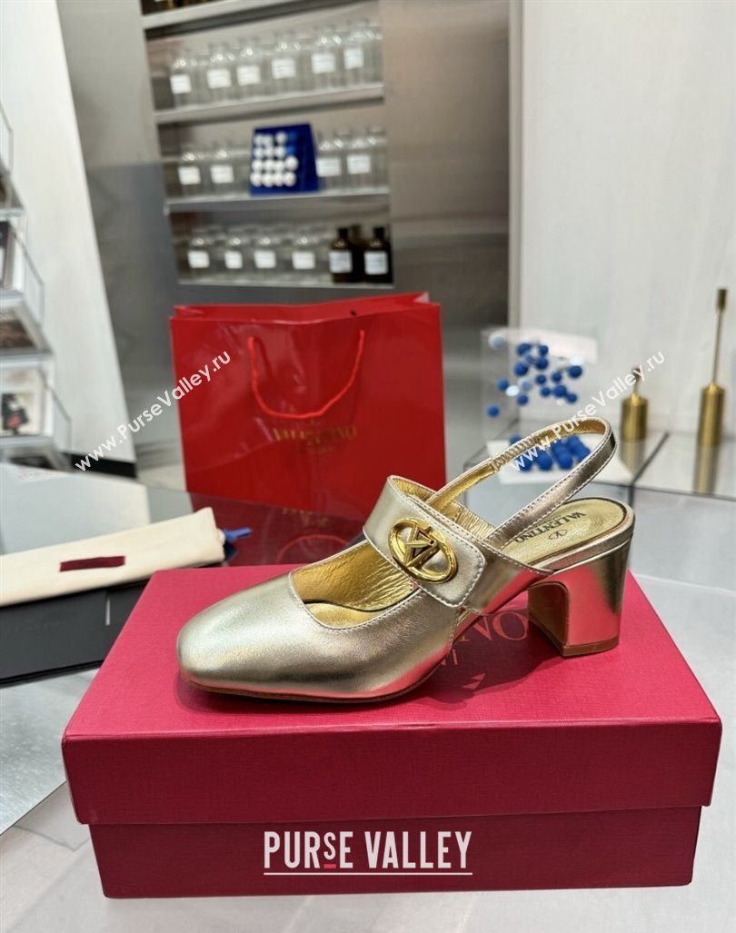 Valentino VLogo Locker Mary-Janes Slingback Pumps 6cm in Calfskin Leather Gold 2024 (XL-241009026)