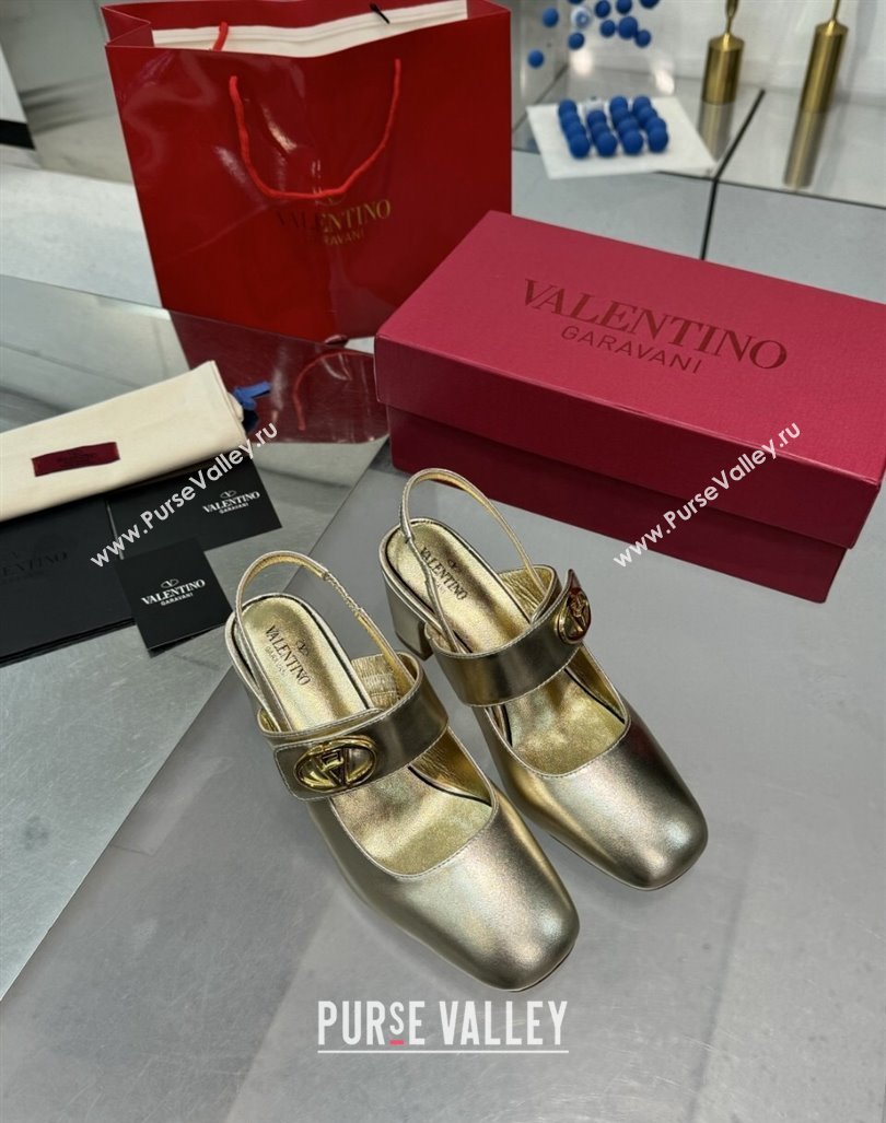 Valentino VLogo Locker Mary-Janes Slingback Pumps 6cm in Calfskin Leather Gold 2024 (XL-241009026)