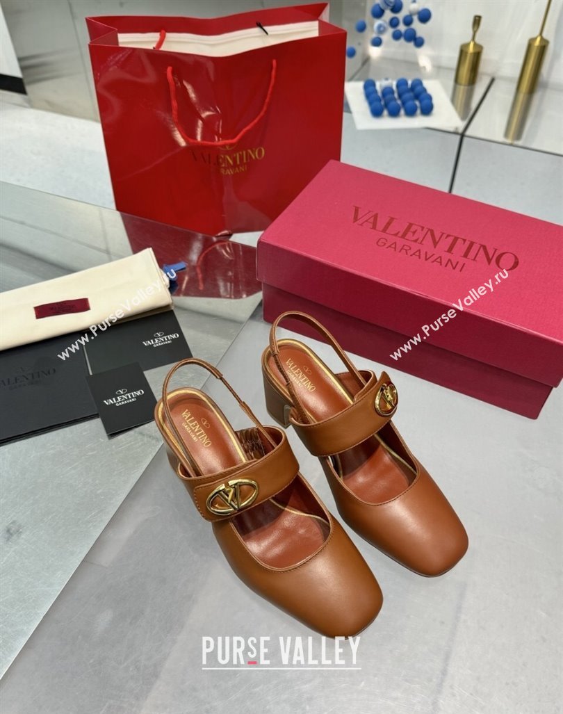 Valentino VLogo Locker Mary-Janes Slingback Pumps 6cm in Calfskin Leather Brown 2024 (XL-241009027)