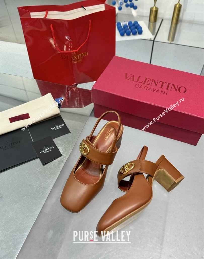 Valentino VLogo Locker Mary-Janes Slingback Pumps 6cm in Calfskin Leather Brown 2024 (XL-241009027)