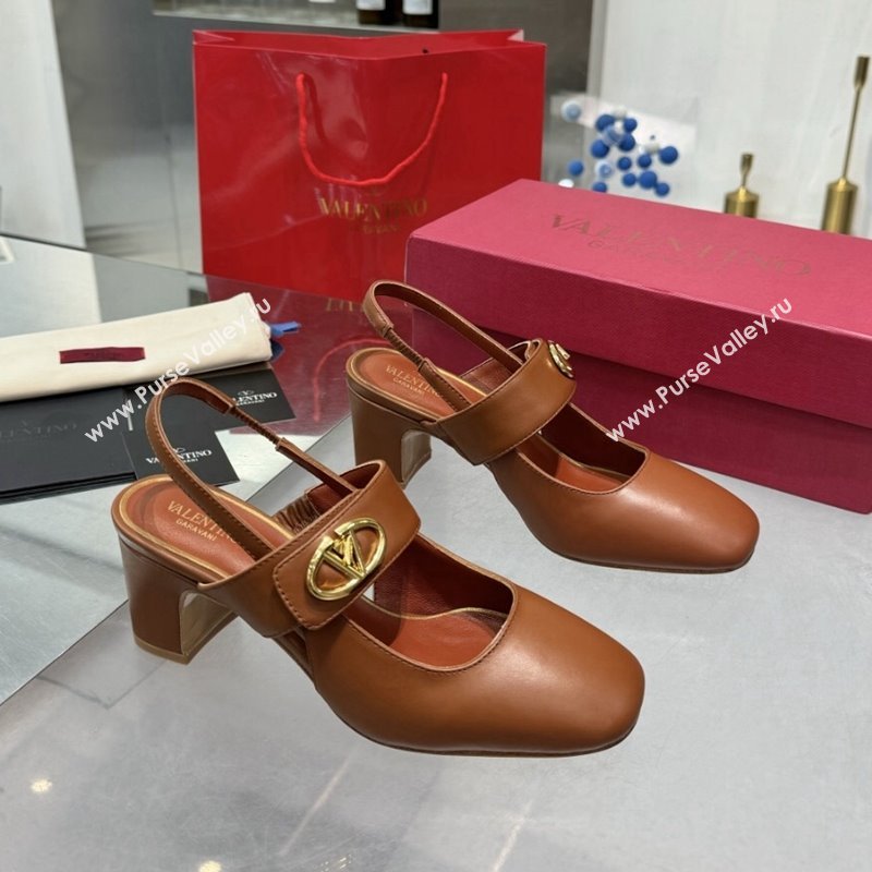 Valentino VLogo Locker Mary-Janes Slingback Pumps 6cm in Calfskin Leather Brown 2024 (XL-241009027)