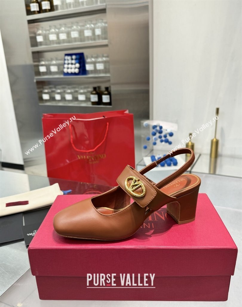 Valentino VLogo Locker Mary-Janes Slingback Pumps 6cm in Calfskin Leather Brown 2024 (XL-241009027)