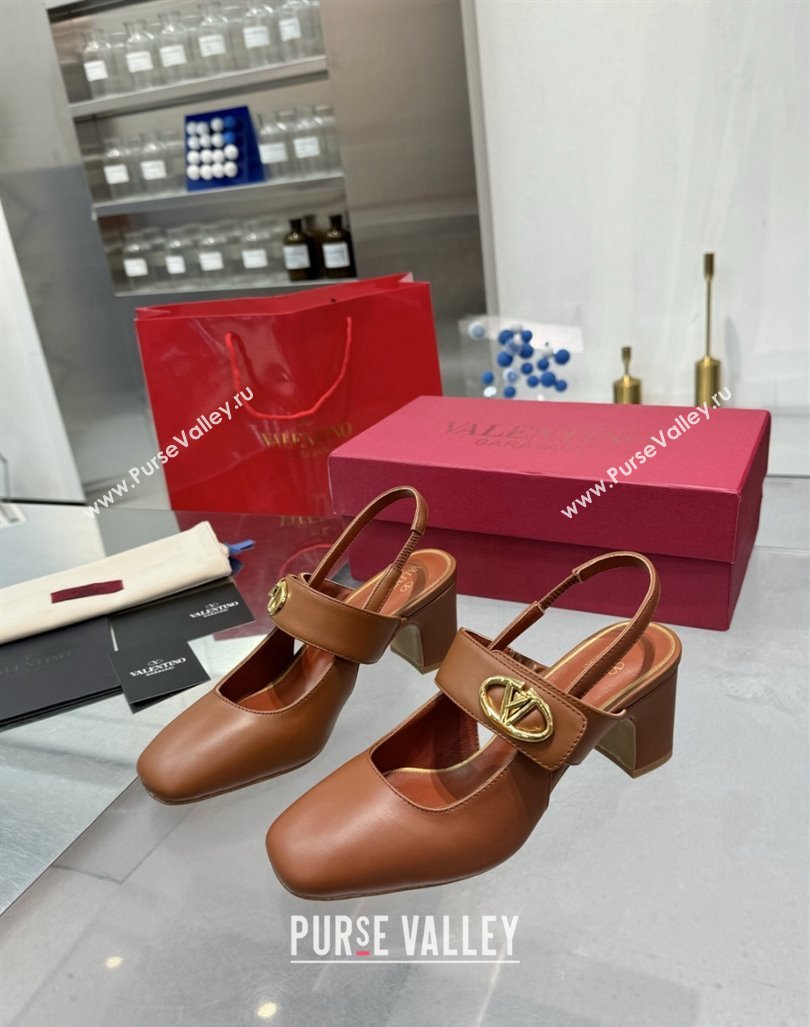 Valentino VLogo Locker Mary-Janes Slingback Pumps 6cm in Calfskin Leather Brown 2024 (XL-241009027)