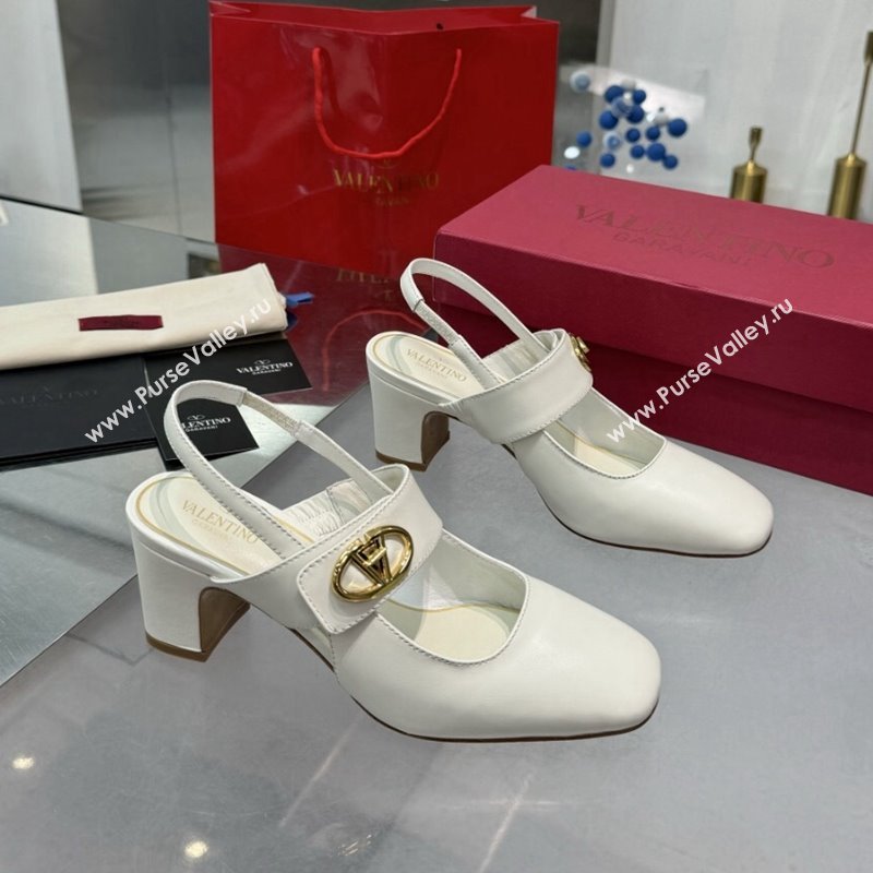 Valentino VLogo Locker Mary-Janes Slingback Pumps 6cm in Calfskin Leather White 2024 (XL-241009028)