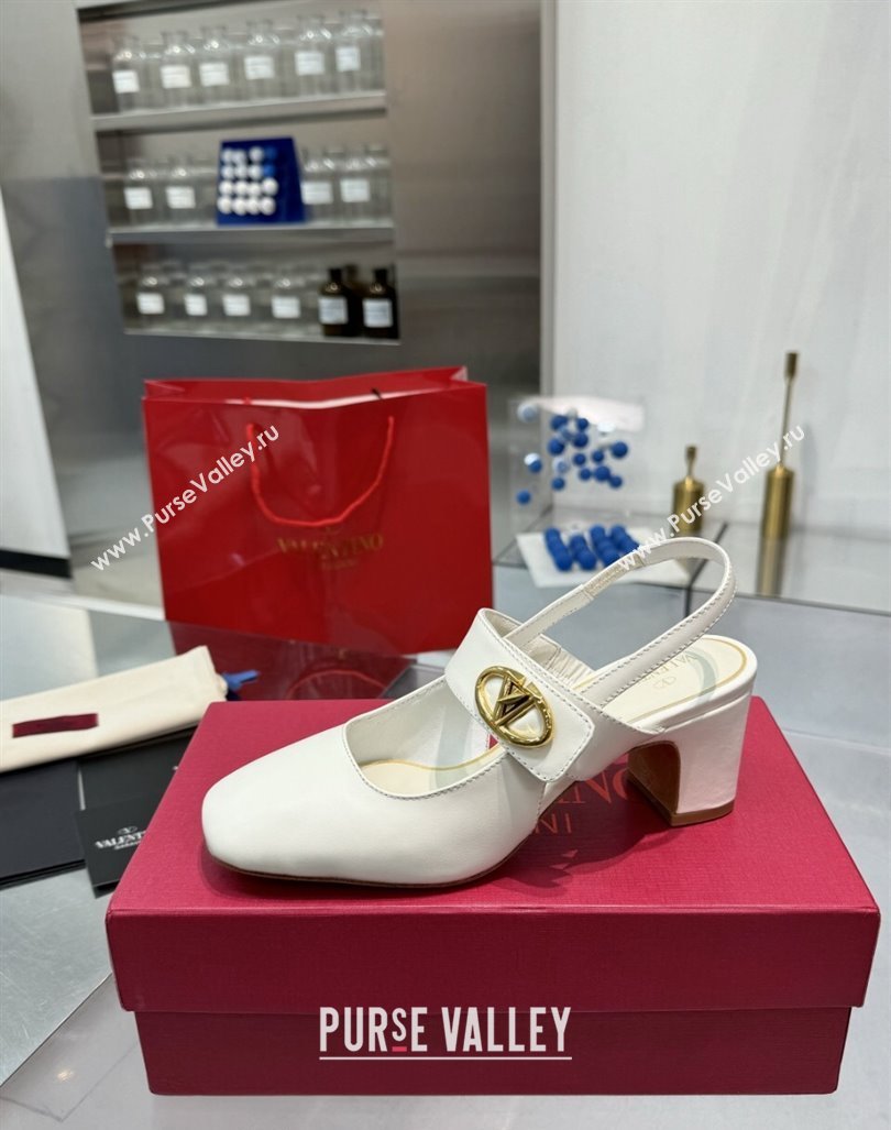 Valentino VLogo Locker Mary-Janes Slingback Pumps 6cm in Calfskin Leather White 2024 (XL-241009028)